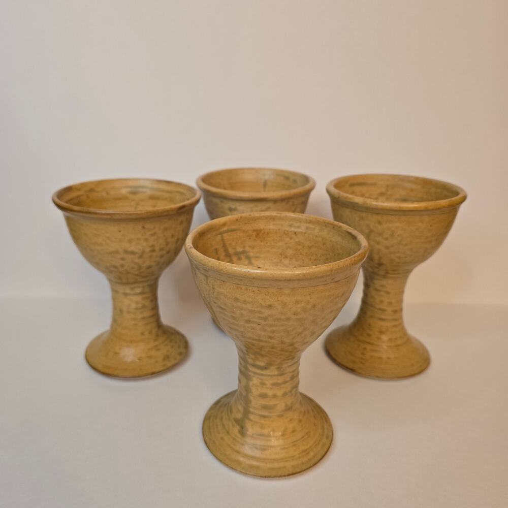 4 Goblets Lakewood Pottery Siler City, NC Vintage Footed Cup Tan Hand Made